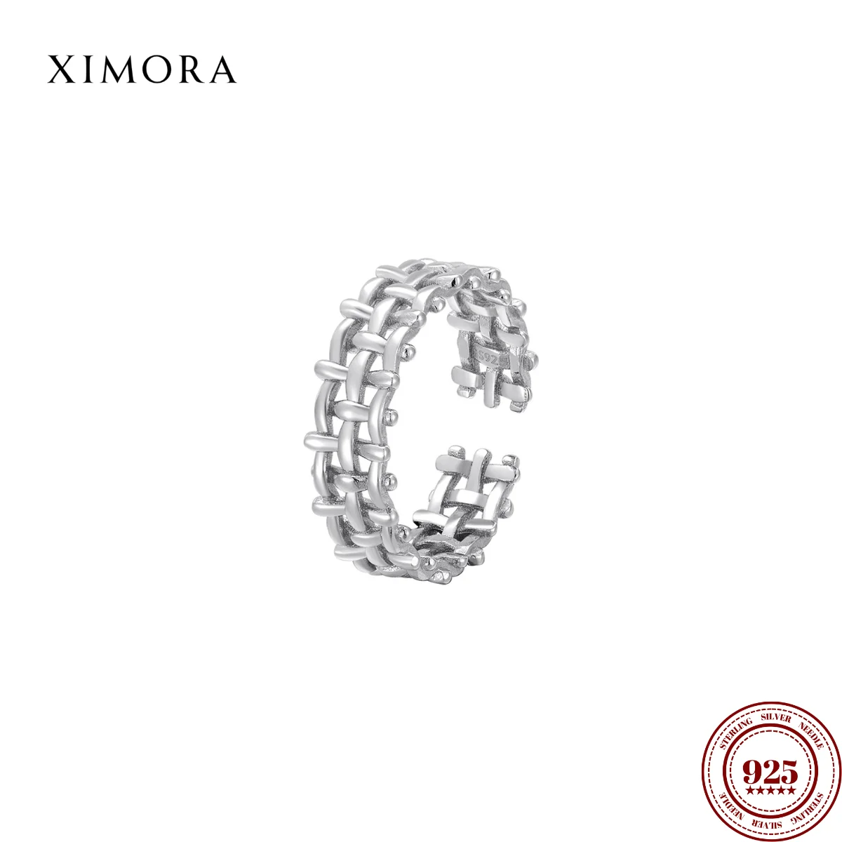 

XIMORA S925 Sterling Silver Openwork Irregular Mesh Ring for Women Braided Style Fashionable Niche Smooth Finish Adjustable Band