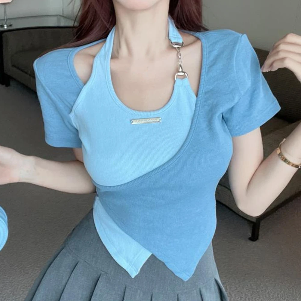 Casual Summer Wear Halter Neck Top Daily Casual Style Contrasting Colors T-shirt Slightly Elastic Versatile Casual