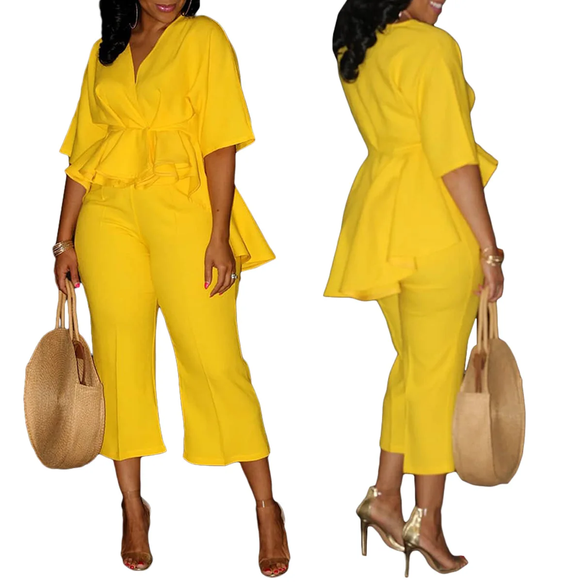 

Женский комплект из двух предметов D8585, Асимметричный топ с коротким рукавом, V-образным вырезом и оборками и брюки до щиколотки с широкими штанинами, 2024