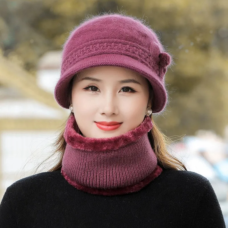 

Women's Knitted Rabbit Fur Hat Scarf Set for Middle-Aged And Elderly Autumn Winter Cap round Top Short Brim Plastic Material