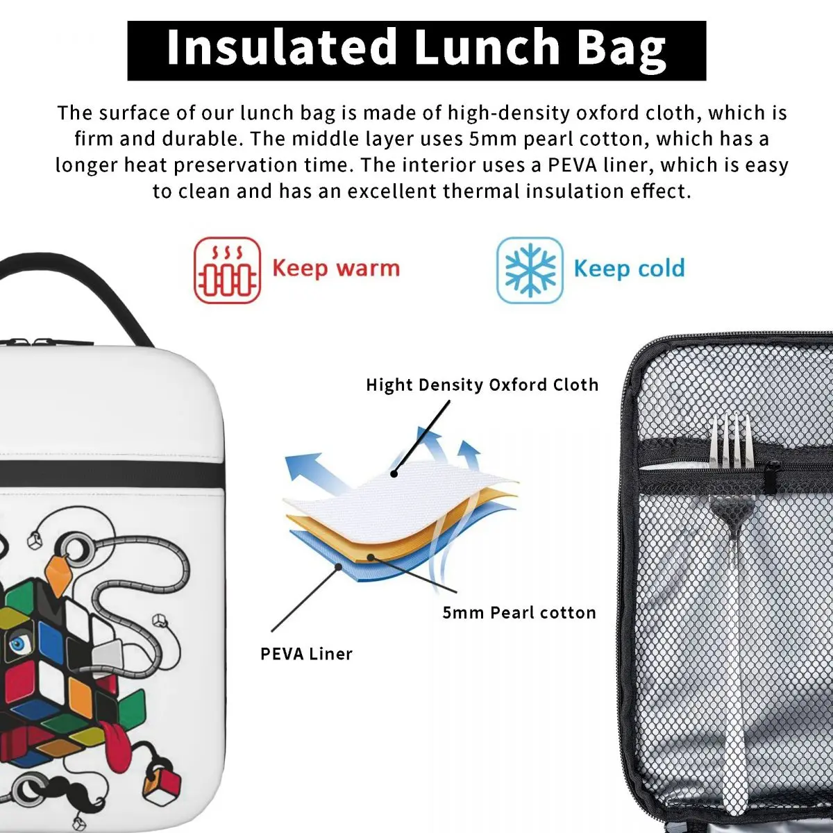 Rubix Rubiks Rubics Insulated Lunch Bag for Women Kids Portable Food Boxes Thermal Lunch Box Tote