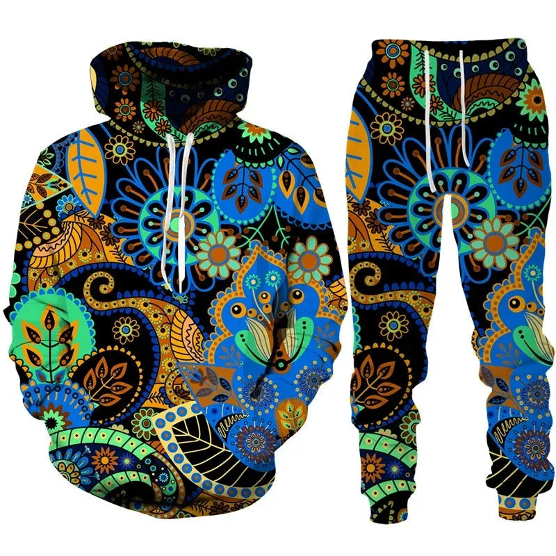 

2025 Fashion Color Cashew Flower Men's and Women's Two Piece Paisley 3D Printed Sports Hoodie and Pants Set