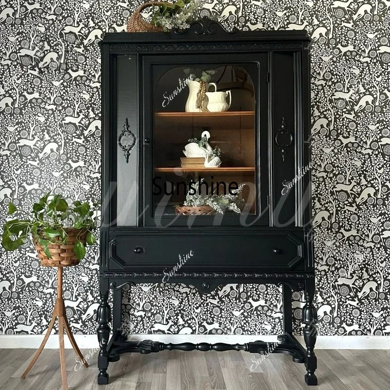 French vintage style solid wood sideboard, carved glass storage, living room and kitchen storage  FT