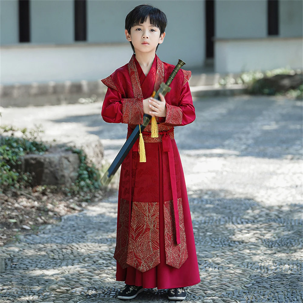 Costume Hanfu traditionnel chinois pour enfants, tenue de performance, beau, haut de gamme, imbibé de Tang, jeune maître, garçon, prairie, amélioré