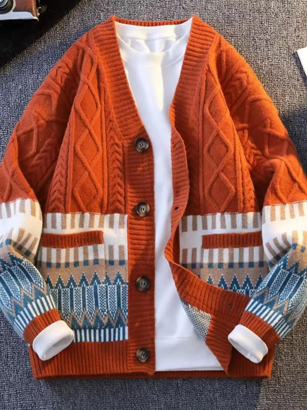 

Laid-ba Sle Thiened Sweater Cardigan Casual Loose Couple Youth Spring Outerwear Men Women Polyester Fiber V-ne Geomet...