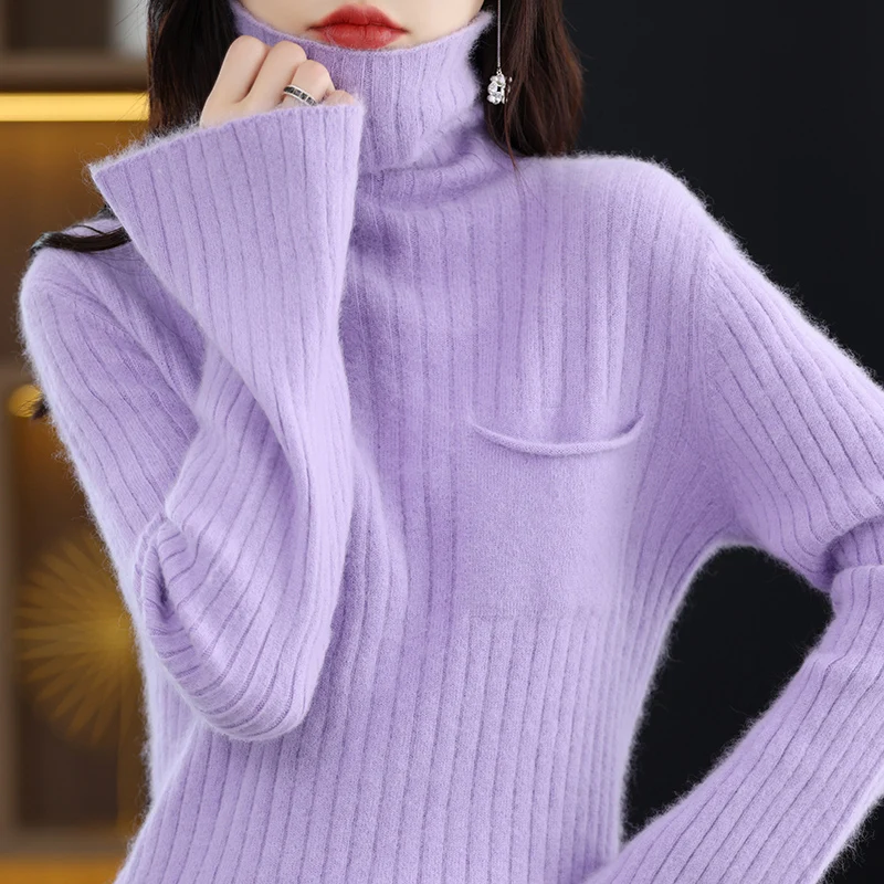 Autumn Winter New Mink Fleece Knitted Sweater High Neck Long Sleeve Pullover With Pockets Loose And Comfortable Style Knitwear