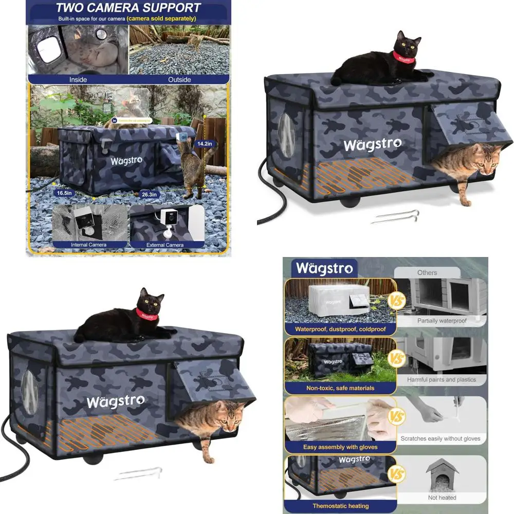 

Черный камуфляжный водонепроницаемый кошачий домик с подогревом, 25x16x12 — изолированное укрытие для улицы с аварийной дверью для кошек-ферралов