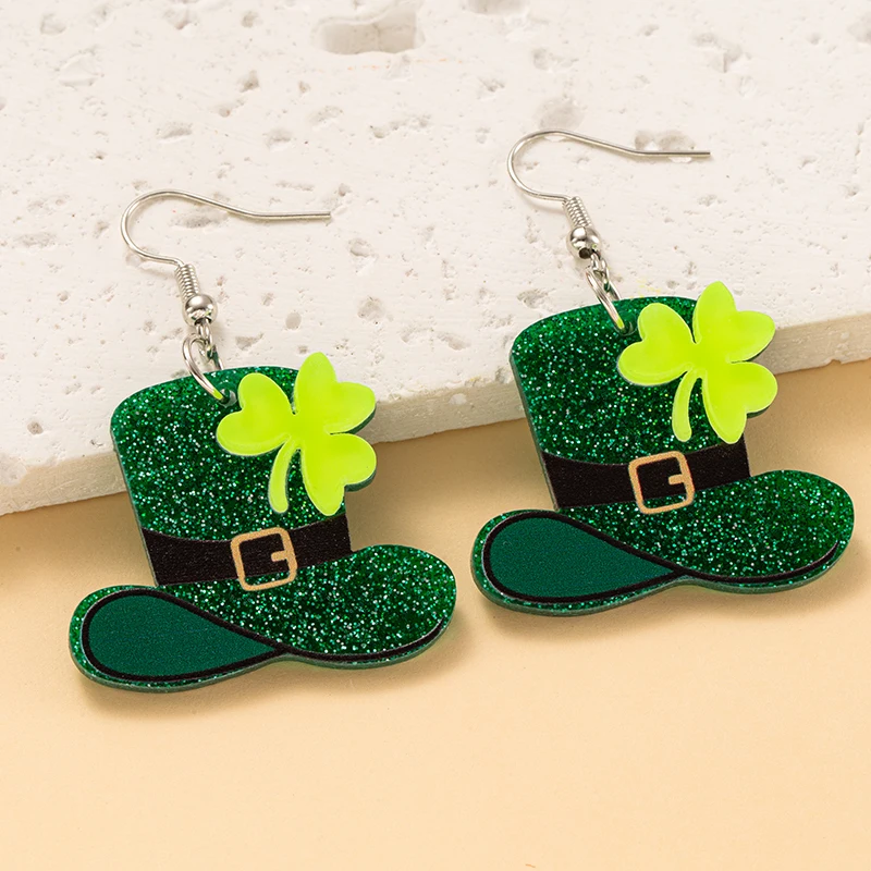 St Patricks Day Glitter Lucky Green Hat Earrings for Women Girls Irish Shamrock Green Clover Hat Dangle Earrings