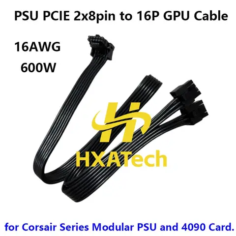 HXATech - 16AWG PCIE 2x8pin to 16pin 12+4 12VHPWR GPU Power Supply Cable for Corsair RM1000X RM850X RM650X and 4090 5070 4080
