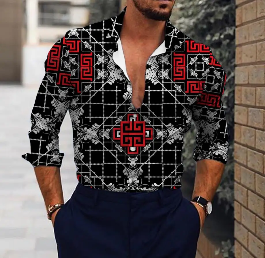 Autumn Men\'s Floral Shirt Long Sleeve Casual Shirt Fashion Rose Flower 3D Printed Turn-down Collar Slim Hawaii Shirt For Mens