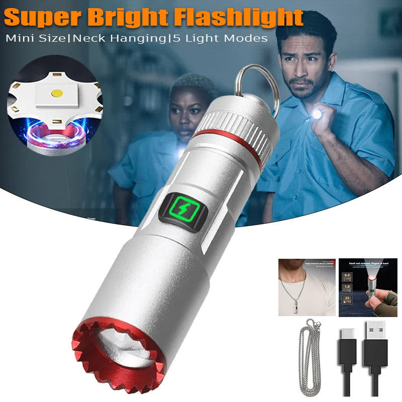 

Portable Mini Flashlight USB Rechargeable EDC Keychain Hanging Flashlights Waterproof Key Ring Flash Light for Camping Hiking