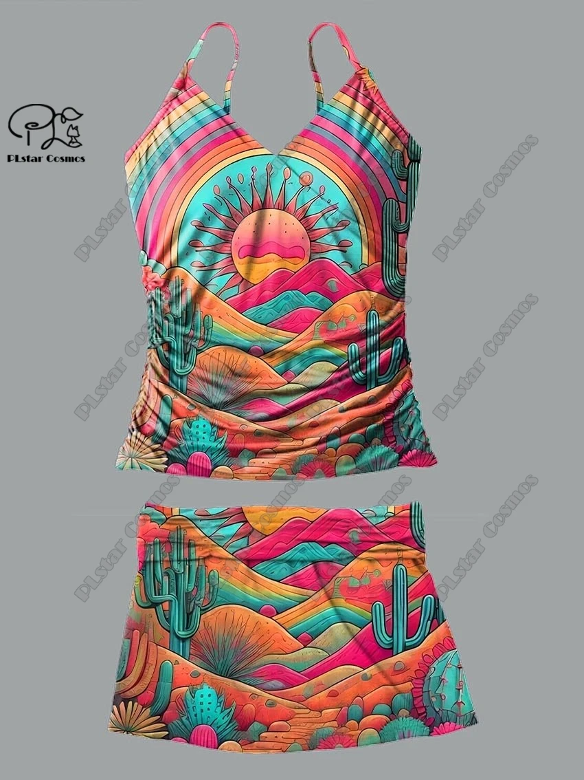 Femmes v-cou été rétro floral impression 3D jupe à bretelles style deux pièces maillot de bain costume vacances voyage nouveau maillot de bain f-10