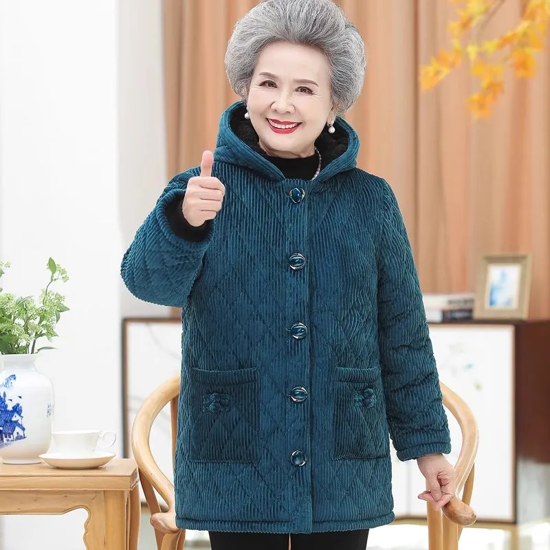 Middle-aged Elderly Women\'s Corduroy Cotton Padded Jacket 5XL Large Size Thicken Hooded Parkas Grandma Add Velvet Warm Overcoat