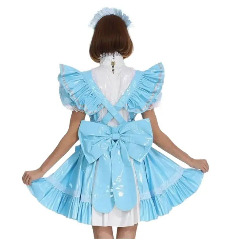 French Sexy Adult Custom Fetishist Cross Dressing Sissy Sky Blue PVC Long Sleeved Shoulder Fluffy Cross Back Independent Apron