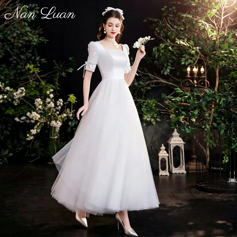 

2026 Square Neck Puff Sleeve Tulle A-Line Wedding Dress Lace-Up Back Vestidos de Novia Customized