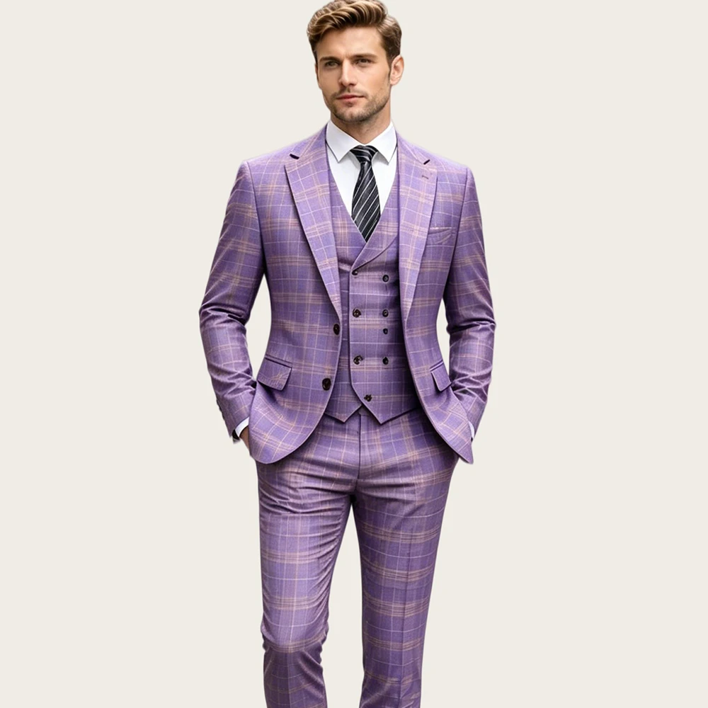 

Purple Plaid Men Suits 3 Pcs Notched Lapel Single Breasted Slim Fit Groom Suit Tuxedo Formal Office Business Blazer Customized
