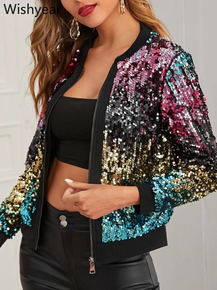 Ladies’ Evening Party Sequin Jacket Zip Up Long Sleeve Multicolor Gradient Outerwear Club Coats Birthday StreetWear Vacation