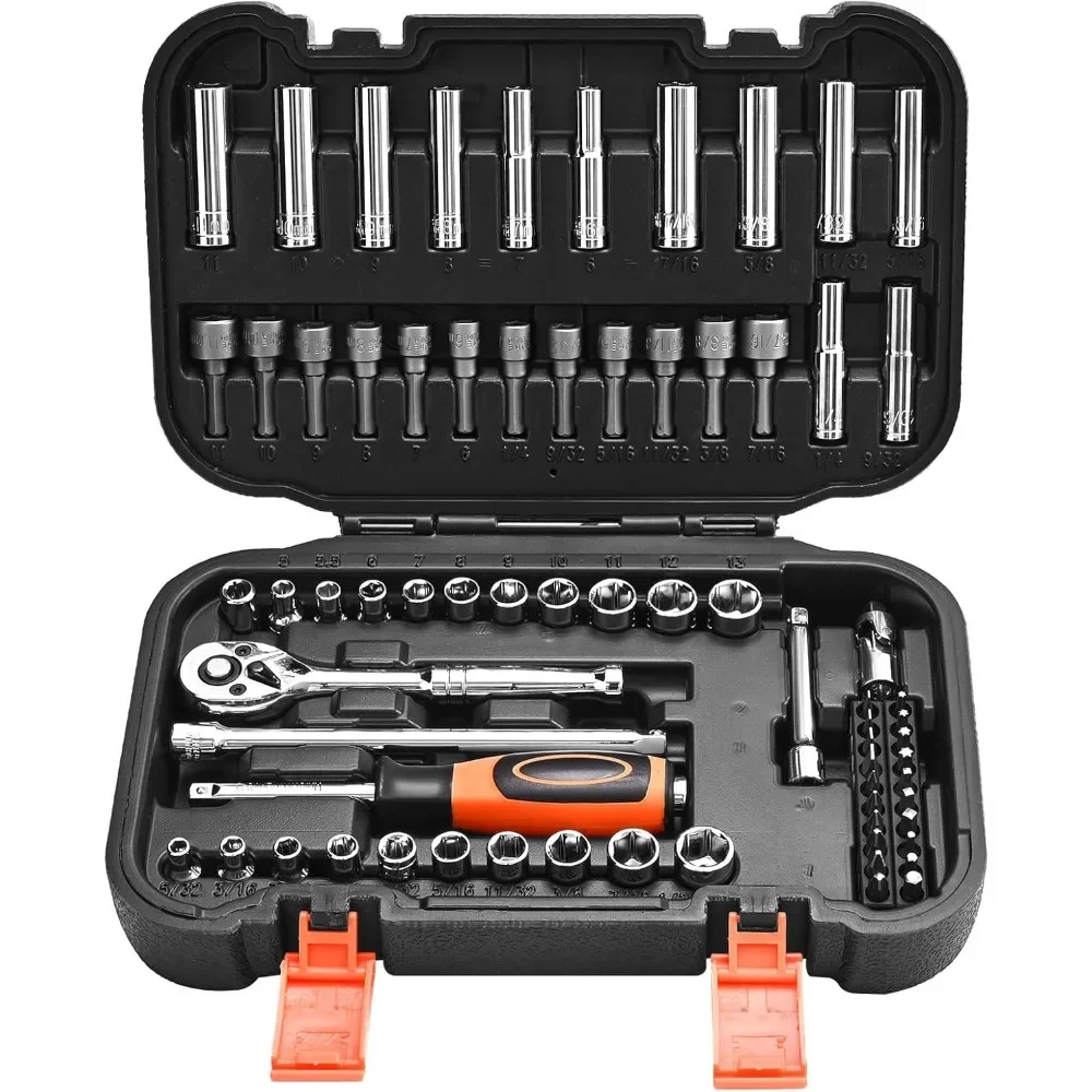

70 Piece Drive Socket Ratchet Set SAE Metric Deep Shallow Bits Mechanic Tool Kit Alloy Steel for Auto Repair