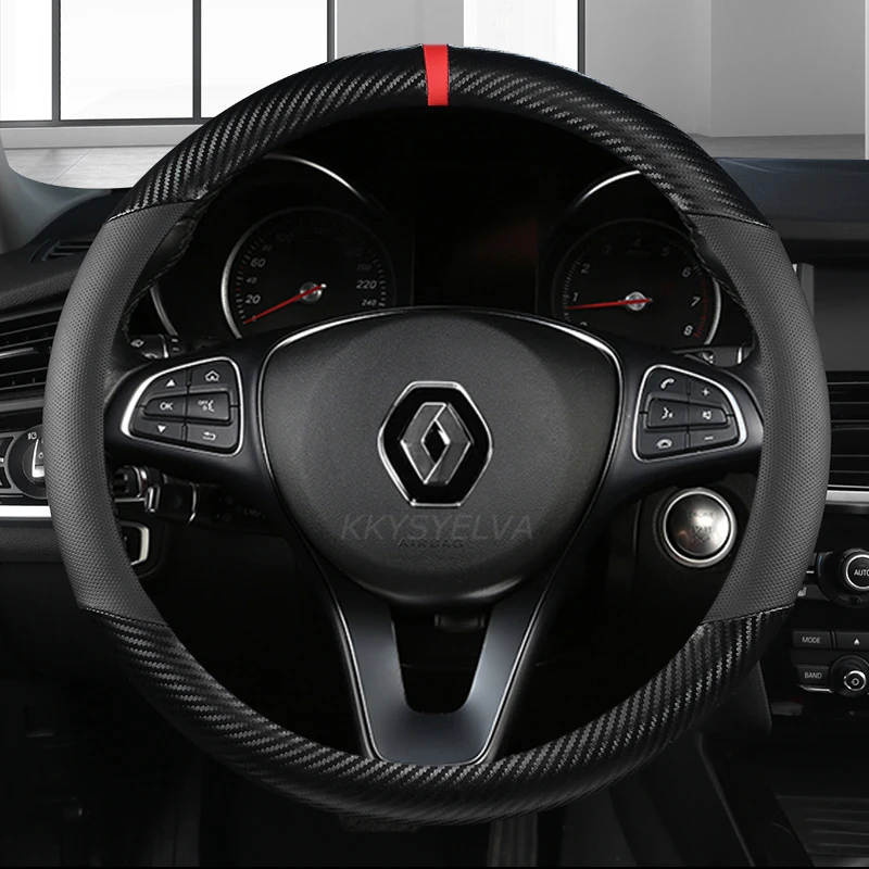 Car Steering Wheel Cover PU Leather+Carbon Fiber 38cm For Renault Scenic 1 2 3 4 Grand Scenic Megane Auto Accessories