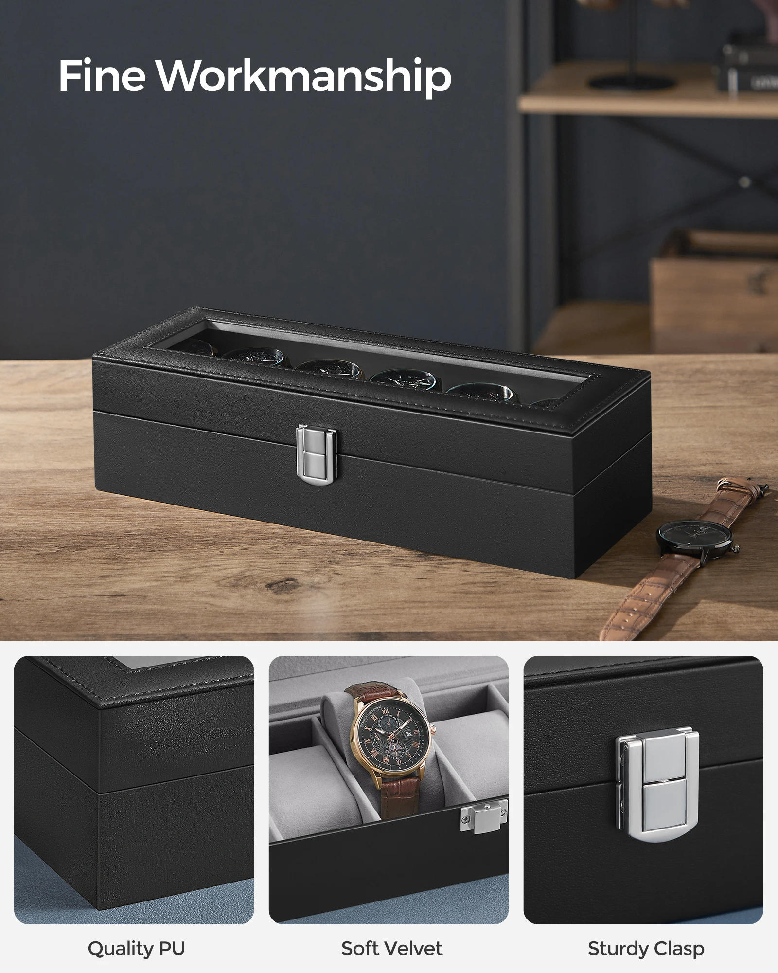 SONGMICS Watch Box with 6 Slots, Watch Case with Glass Lid, Watch Display Box with Removable Watch Pillows, Metal Clasp