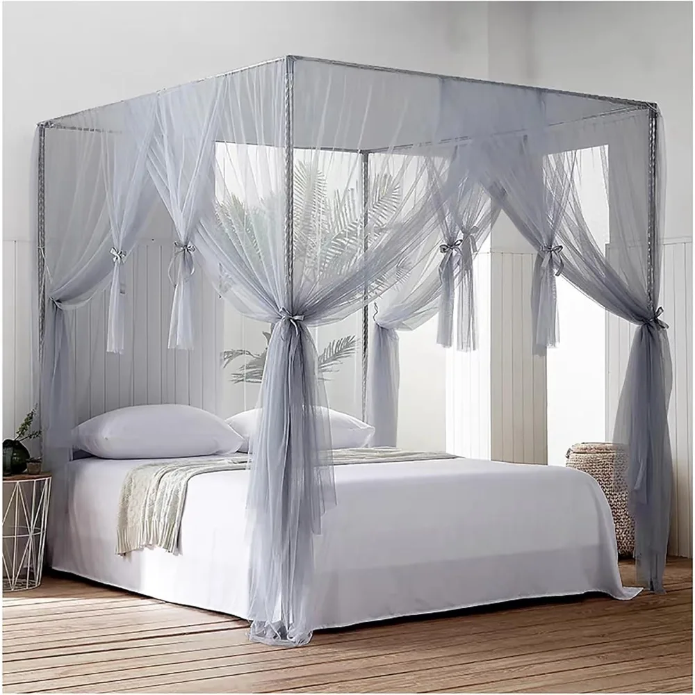 4 Corners Post Canopy Bed Curtains Mosquito Net Bed Frame Curtain Brackets Bed Netting Canopy Frame with Curtain Grey