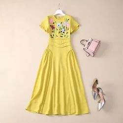 XXL Sequined Embroidery Dress 2025 Summer Party Events Lady Lurex Flower Patterns Short Sleeve Mid-Calf Black Yellow Dress Prom