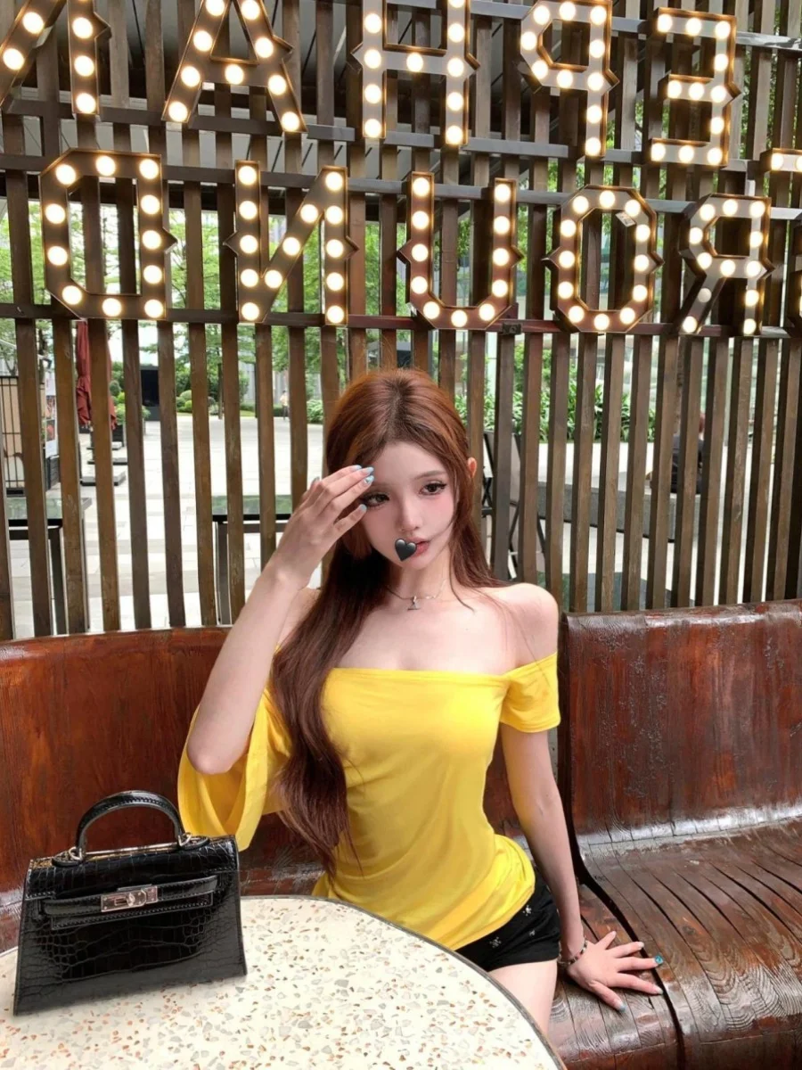 Yellow Asymmetrical Shoulder Short Sleeve T-Shirt Women's Summer Slim Fit Versatile Weight Loss Short Design Casual  Col...