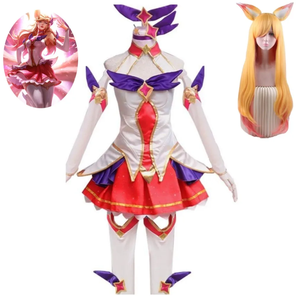 Jeu LoL Star Panoramic Ahri The Nine-Tailed Fox Cosplay Costume, Anime Wig, Sexy Woman Top Skirt, Hmatte en Carnival Party, imbibé