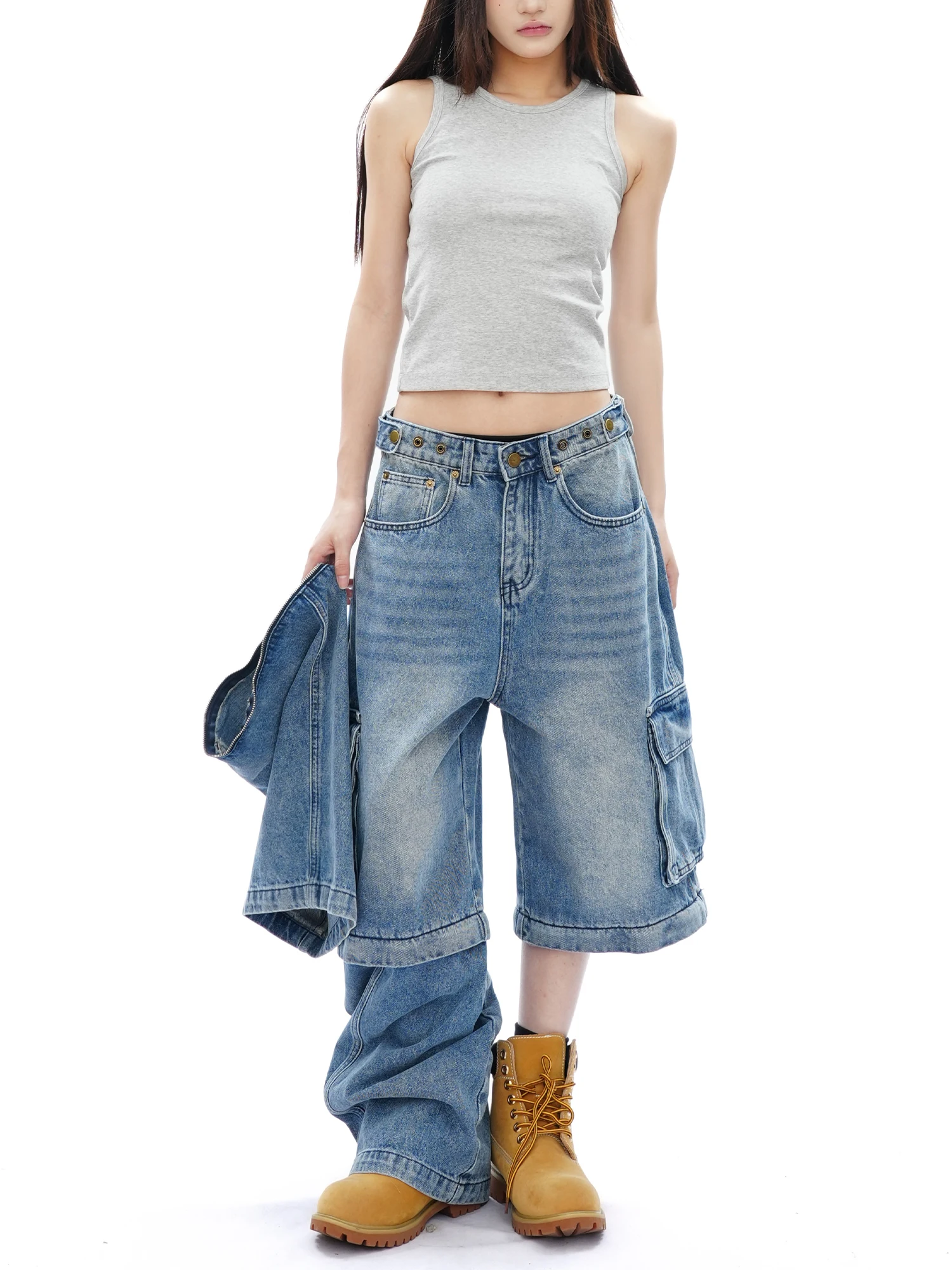 

Джинсы S3T5 American Waable: Новые винтажные свободные джинсы унисекс с отстегивающимися штанинами, повседневные, из хлопка, на молнии, однотонные