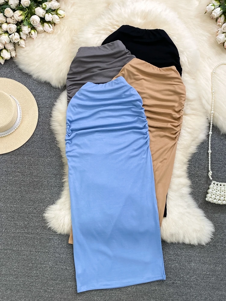 Hohe Taille Knie-Länge Plissee Reine Farbe Asymmetrische Saum Bodycon Midi Rock Koreanische Sle Frühling Sommer Faion frauen rock