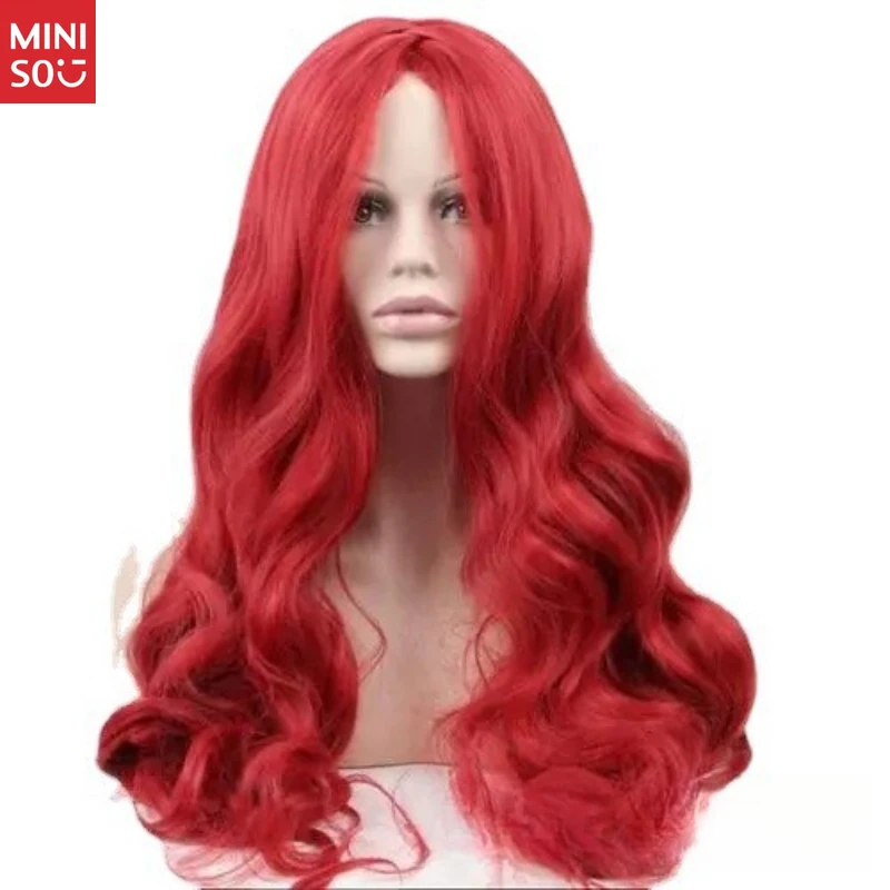 Miniso nieuwe rode lang krullende synthetische pruik voor dames, natuurlijk uitstraling golvend haar voor cosplay en dagelijks gebruik