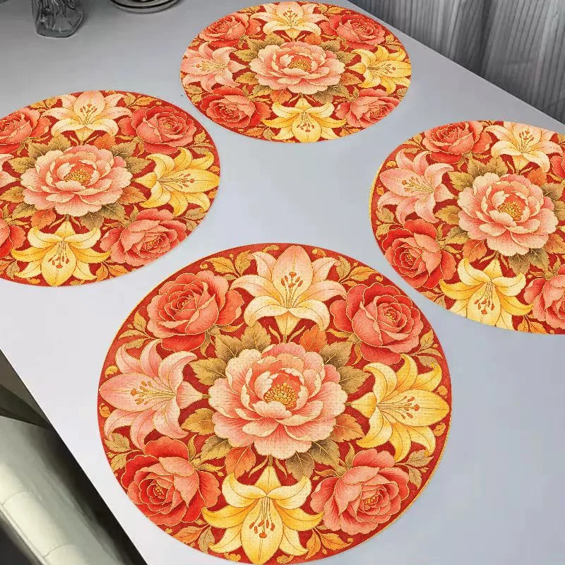 VIKAMA French Retro Warm Tone Rose Lily Peony Round Flax Meal Mat Thermal Insulation Wear resistant Table Mat Desktop Decor