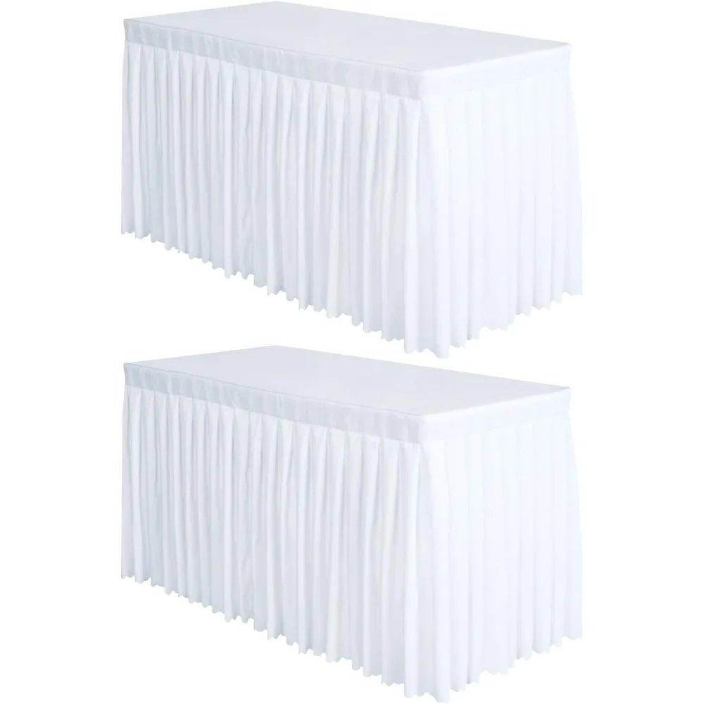 

White Table Skirt Set of 2, 14ft Polyester Table Cover for Weddings, Banquets, and Restaurants