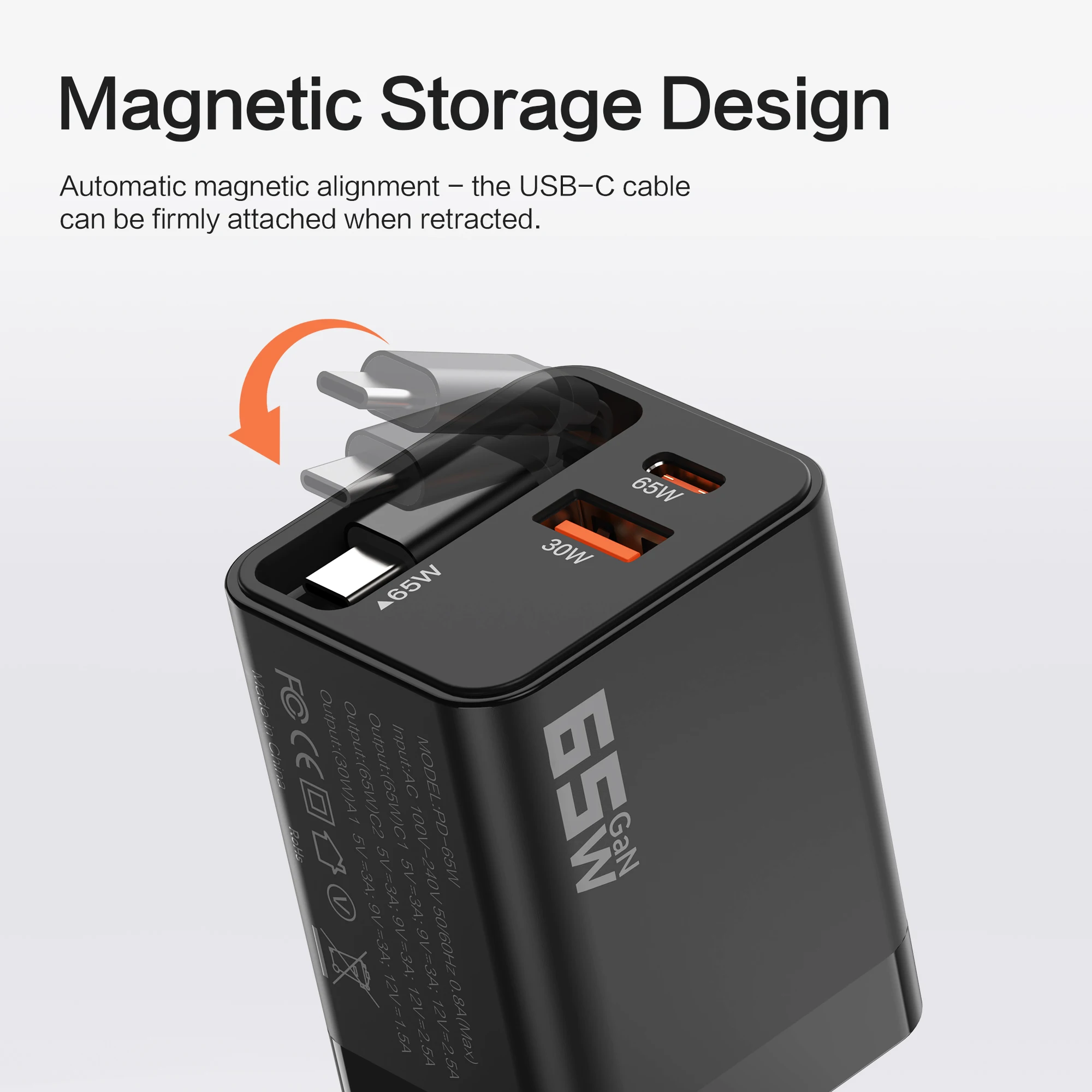 GaN Ladegerät PD65W Eingebautes ausziehbares USB-C-Kabel USB-C-Anschluss USB-A-Anschluss EU-Stecker Stromversorgung 30 W + 35 W einziehbares Kabel US-Stecker