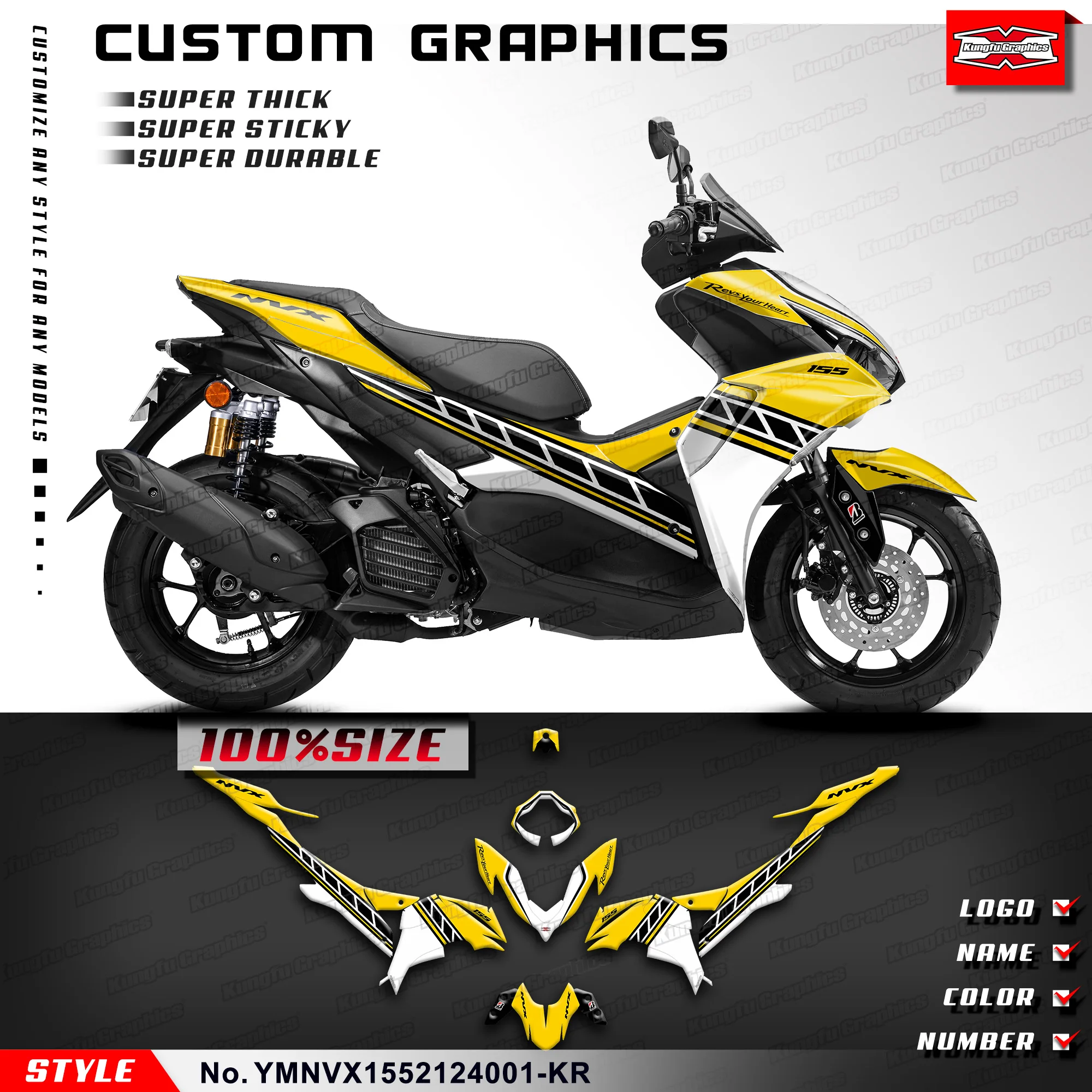 

KUNGFU GRAPHICS Custom Stickers Design Full Wrap Kit Adhesives for Yamaha NVX AEROX 155 2021 2022 2023 2024, Yellow