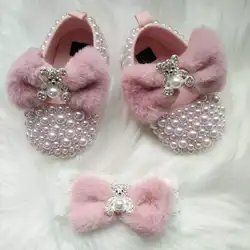 Dollbling Pink Furry Cute Bear Bow Bling Rhinestones Handmade Princess Newborn Baby Girl Shoes Wedding Party Ballet DIY Infant