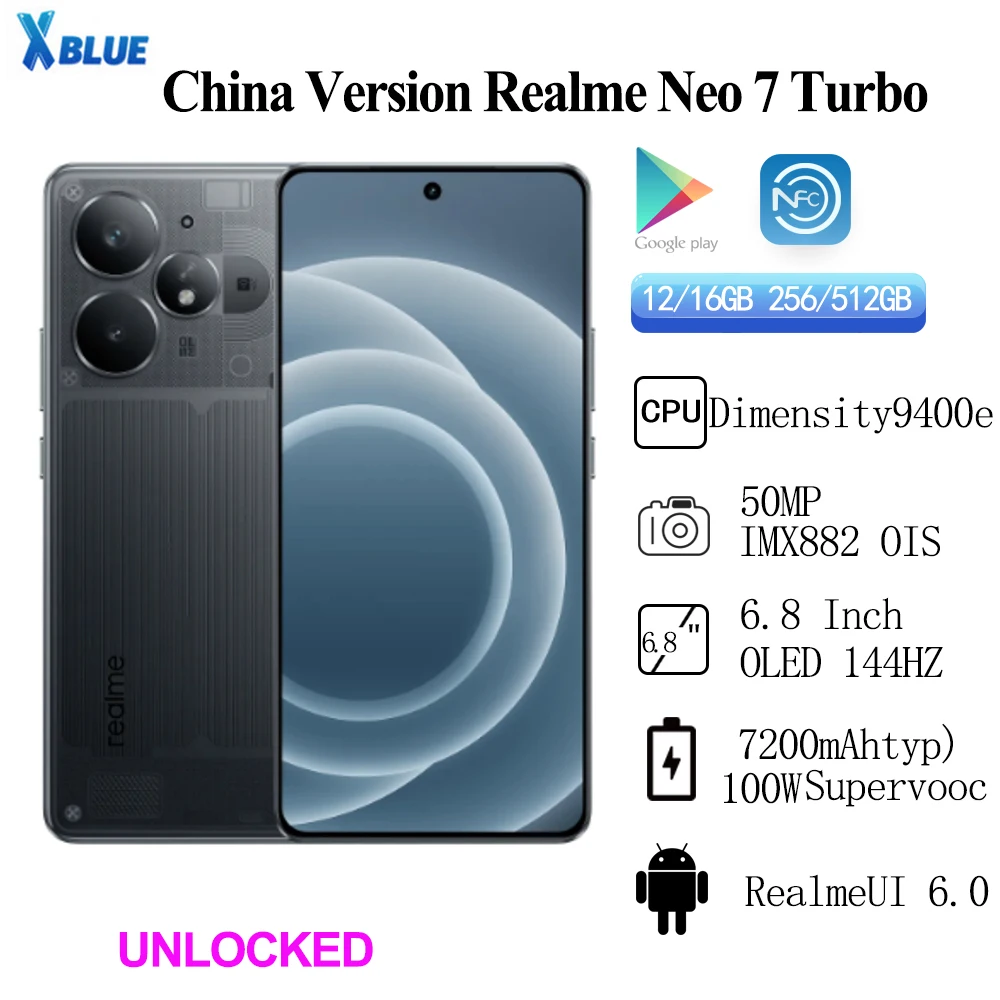 Realme Neo 7 Turbo Unlocked Network Dimensity 9400e شاشة 6.8 بوصة OLED 144 هرتز IP69 IP68 7200mAh 100W Supervooc 50MP