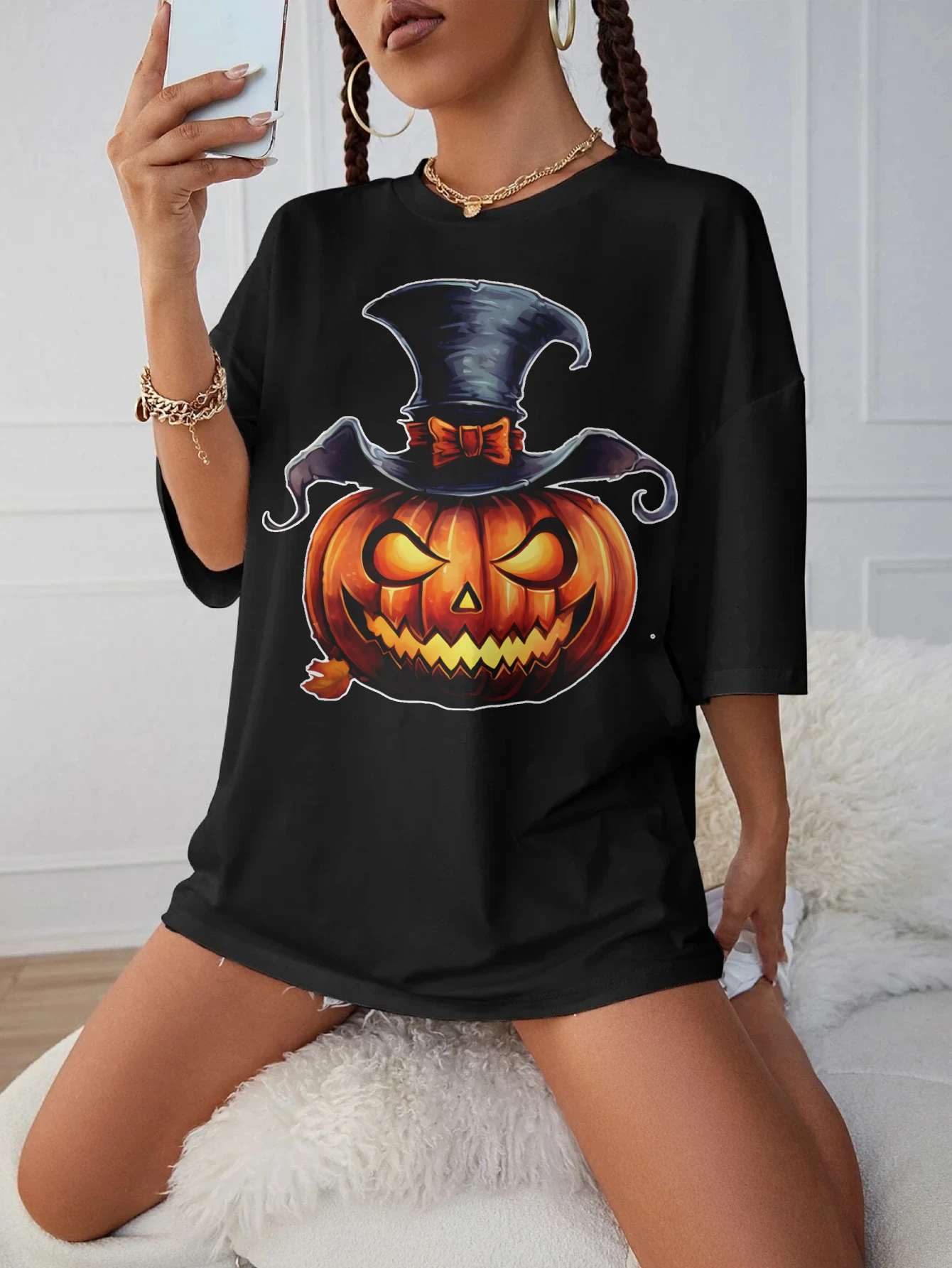 

Scary Halloween Pumpkin Stylish Black Maternity T-Shirt Women's Loose Fit Round Neck Perfect for Late Pregnancy Winter
