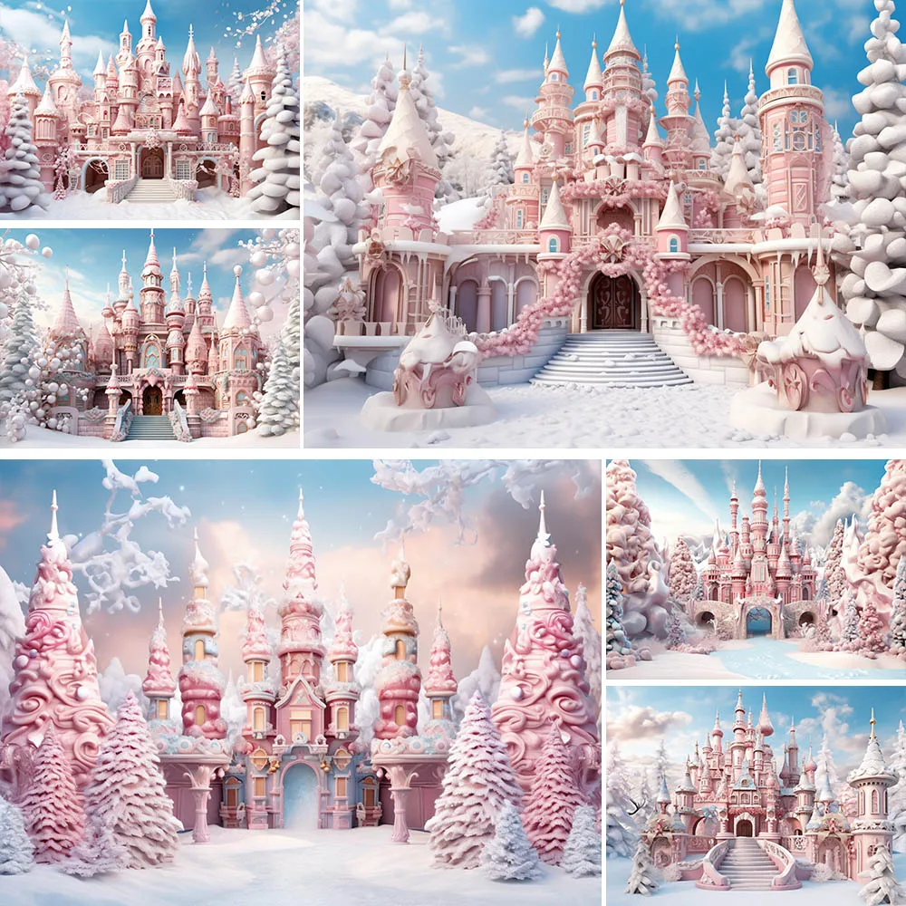 

Mocsicka Photography Background Christmas Winter Outdoor Pink Castle Snow Forest Boys Girl Photo Backdrops Studio Shooting Props