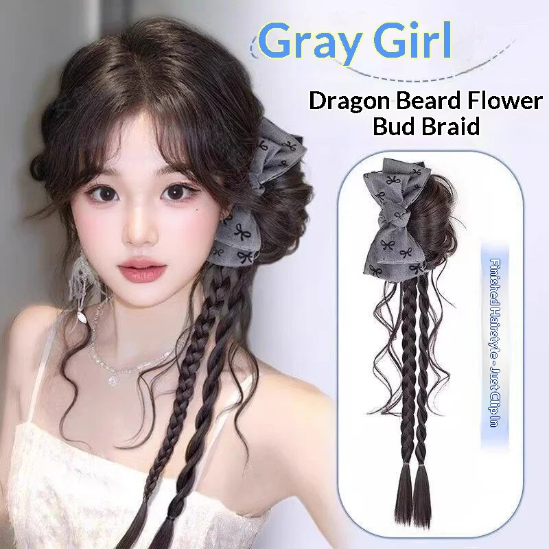 

Dragon Whisker Synthetic Bun with Gray Bow & Braids, Lightweight Fiber, Easy to Wear, Versatile for School, Dates or Parties