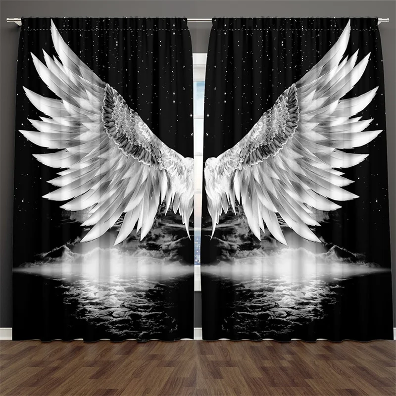 2pcs Black Art Window Curtains Angel Wings And Stars Room Decor Drapes Window Treatments For Bedroom Living Room Office Home Dec