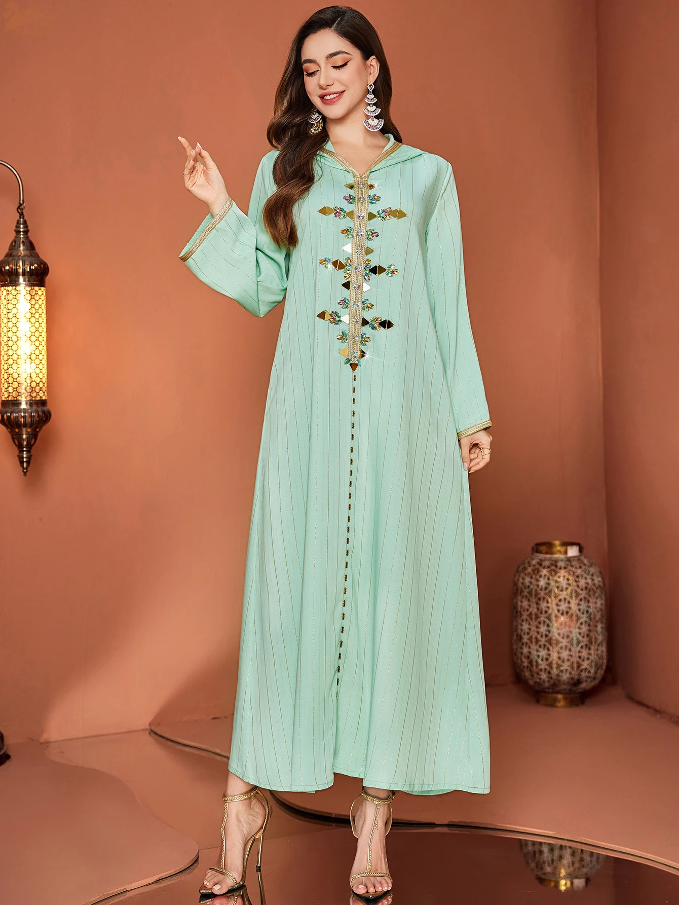 Eid Mubarak Djellaba Hooded Maxi Dress for Women Diamonds Abaya Dubai Turkey Kaftan Islamic Clothing Arabic Robe Jalabiya Gown