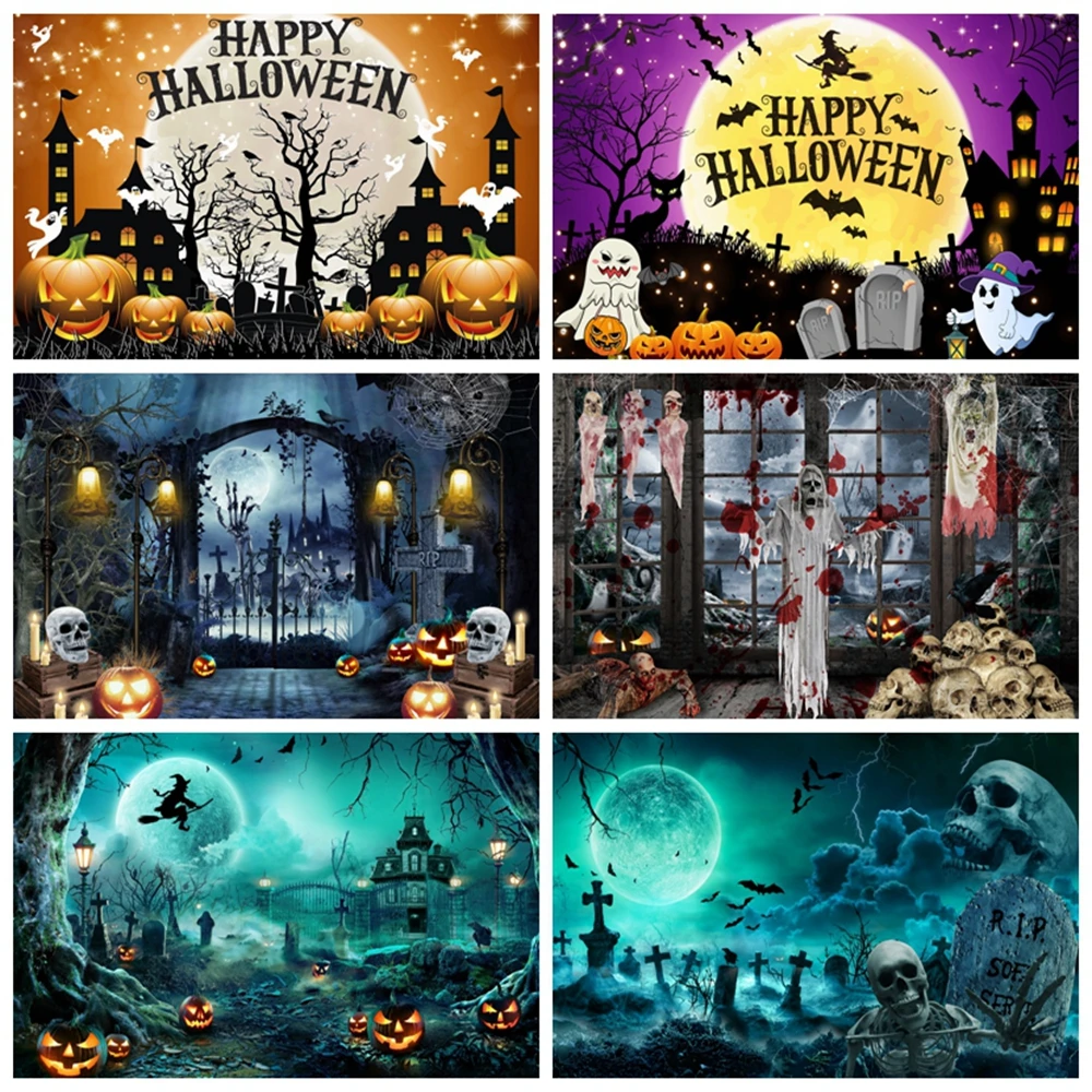 

Halloween Backdrop Horror Moon Night Scary Cemetery Pumpkin Lantern Castle Photo Background Birthday Party Photography Props