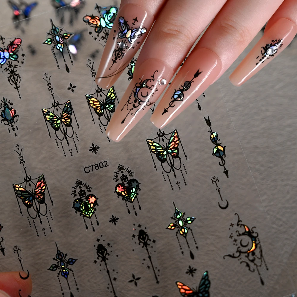 

1Pcs 3D Black Tassel Butterfly Nail Stickers Laser Lace Ink Dream Catcher Self-Adhesive Nail Slider DIY Elegant Manicure Decals