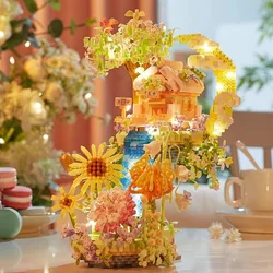 DRY Streetscape Architecture Block Romantic Sky Flower Workshop City Street View House Building Brick Toys With Light