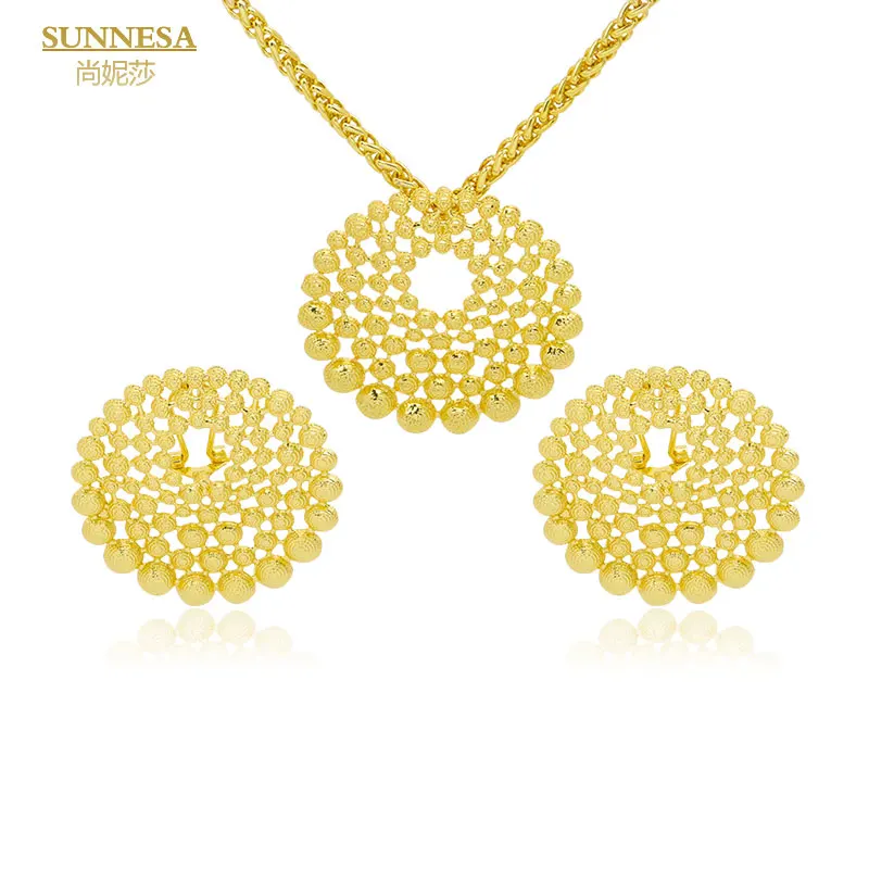 SUNNESA African Dubai Jewelry Set for Women Round Pendant Necklace Clip Earrings Hollow  Senegal Bridal Jewellery Trendy Ring