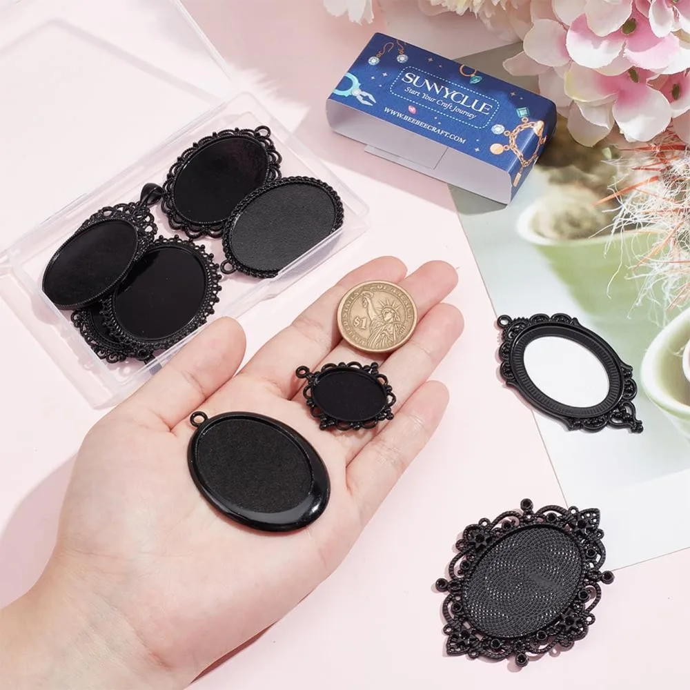 1 scatola di 10 stili pendenti vuoti vassoio castone ciondoli grandi spazi vuoti in lega nera impostazioni cabochon foto vassoi ellittiche fascino