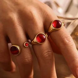 Garnet Red Stainless Steel Rings For Women Garnet Gold Plated Waterproof Round Ring Charm Luxury Jewelry Gift Wholesale