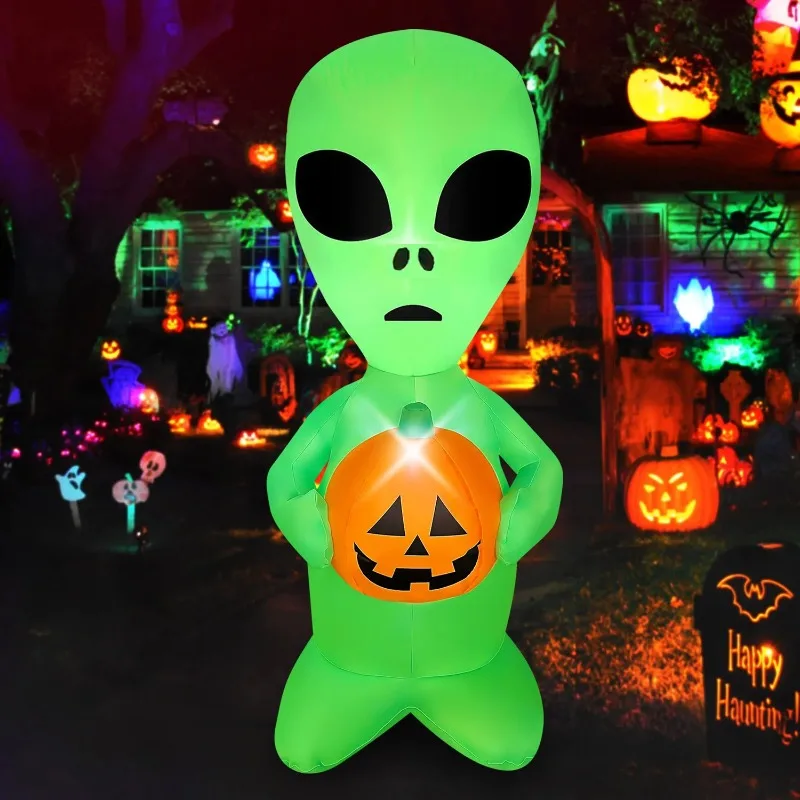 4FT opblaasbaar speelgoed Alien met pompoen Halloween-decoraties LED-verlichte opblaasbare kerstbenodigdheden voor feest binnen buiten