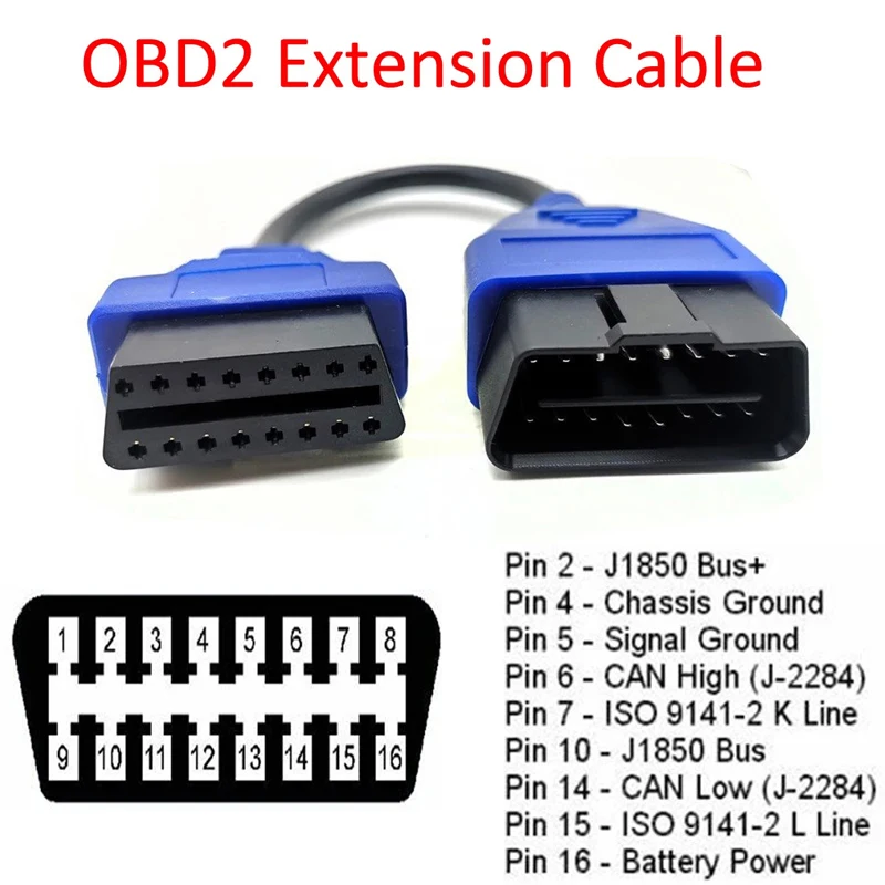 Кабель-удлинитель OBD2 длиной 9,4 дюйма, 16 контактов